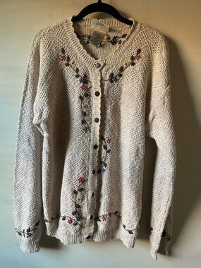 Cottage Essentials Northern Reflections Cotton Ramie Floral Embroidered Sweater